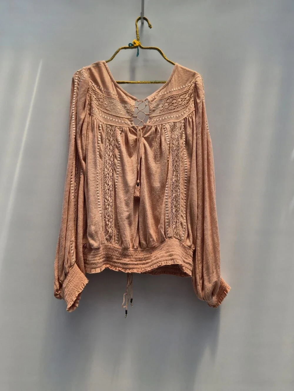 Free People Silverlake Peasant Blouse Large Peach Fairycore 70s Boho Chic Lace